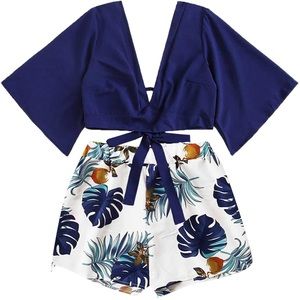 Two-Piece Set - Boho Butterfly Crop Top + High Waist Shorts